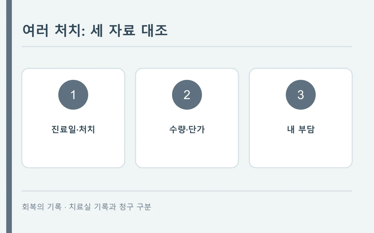 여러 처치에서 확인할 세 자료를 표현한 자체 제작 개념도