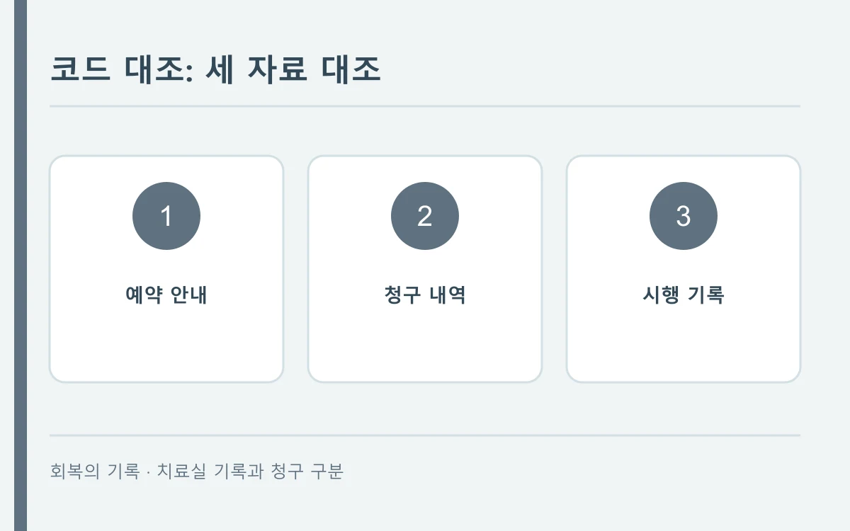 코드 대조에서 확인할 세 자료를 표현한 자체 제작 개념도