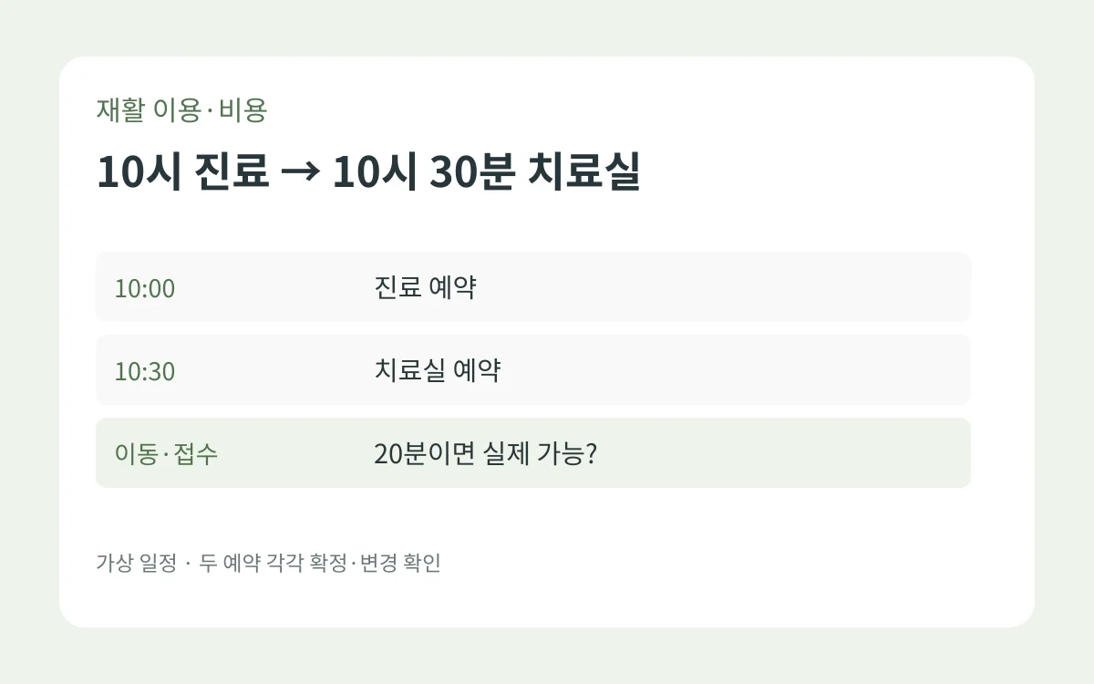 가상 재활 반복 방문에서 10시 진료와 10시 30분 치료실 사이 이동·접수 20분을 고려해 일정 가능성을 확인하는 시간표